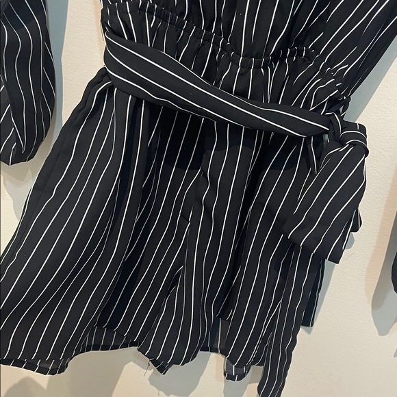 Dynamite Black and White Pinstripe Wrap Romper - Picture 5 of 7